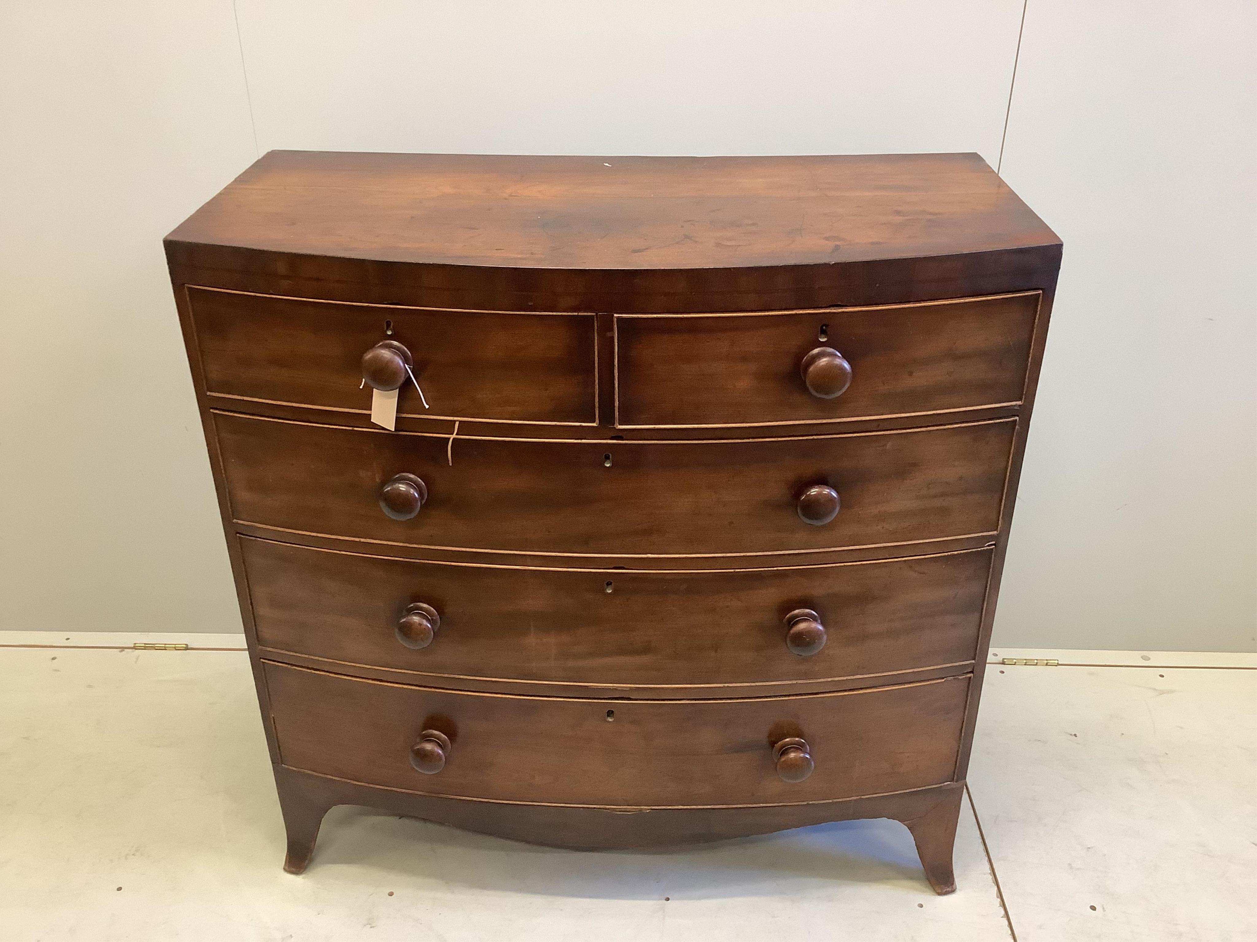 A Regency mahogany bowfront chest, width 106cm, depth 51cm, height 106cm